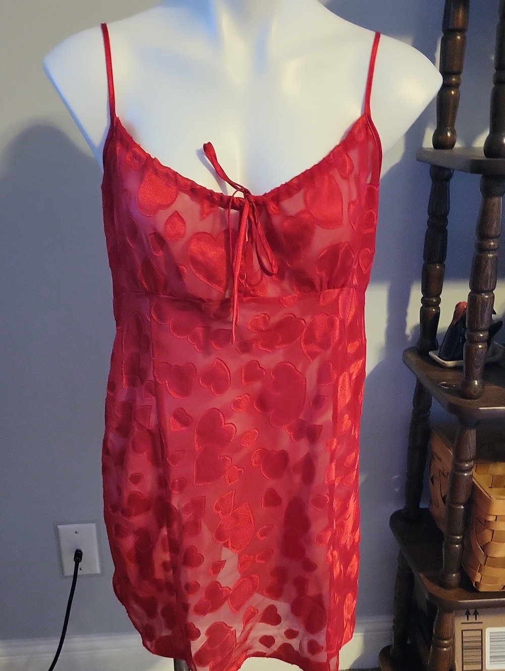 Red Heart-Pattern Satin Chemise Slip